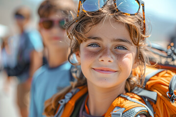 Confident young girl with freckles and sunglasses smiling on a sunny day with backpack - obrazy, fototapety, plakaty