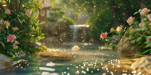 Naklejka premium Tranquil streams and sparkling lights amidst lush greenery.