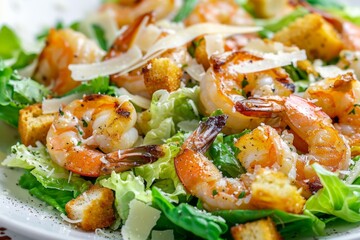 Caesar Salad, Cesar Salat or Barbecue Shrimps Ceasar with Green Lettuce, Grated Parmesan Cheese - obrazy, fototapety, plakaty