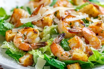 Kissenbezug Caesar Salad, Cesar Salat or Barbecue Shrimps Ceasar with Green Lettuce, Grated Parmesan Cheese © artemstepanov