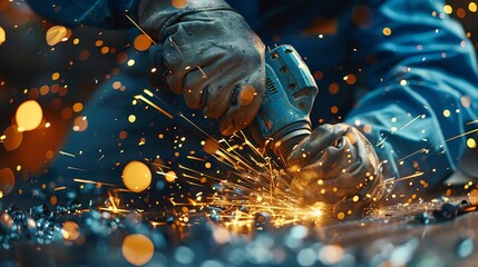A shard of metal with sparks flying from an angle on the table, a worker in protective glasses and gloves holding a welding machine - obrazy, fototapety, plakaty