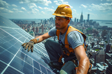 A male worker in a hardhat and safety harness installs solar panels with a city skyline backdrop
