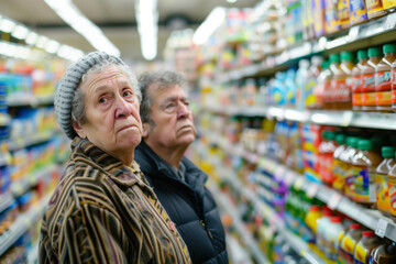 .A senior couple stands in a crowded grocery store aisle, they carefully compare prices, their budget stretched thin as they try to make ends meet