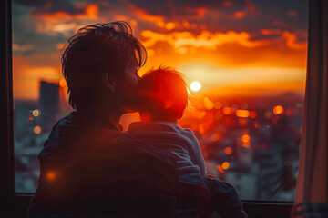 Poignant moment of a parent holding a child while looking at a vibrant sunset reflecting on urban skyline - obrazy, fototapety, plakaty