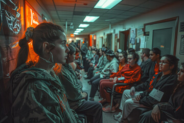 An evocative image capturing a young woman sitting amongst a group of people in a room illuminated with neon light