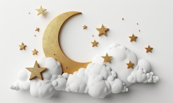 Golden crescent moon and stars with white clouds, 3d style.