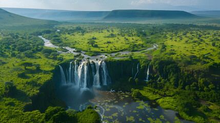 High angle shot of waterfall from above with green forest and river