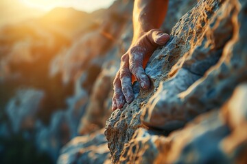 Close-up of a climber's hand gripping a rocky surface, with sunset light highlighting the texture,...