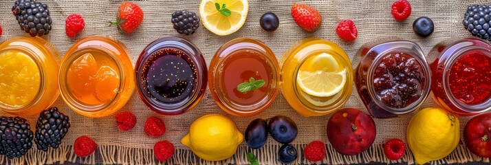 Various Homemade Jam Set, Pozzy Big Collection with Tea and Sliced Lemon on Rustic Tablecloth