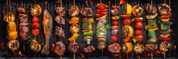 Grilled Lule Kebab, Barbecue Vegetables, Fish on Grill Big Set, Skewered Bbq Minced Meat Mix - obrazy, fototapety, plakaty