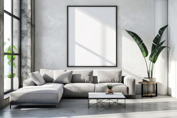 Mock-up poster frame in living room background, Scandi-Boho style, 3d render. Beautiful simple AI generated image in 4K, unique. - obrazy, fototapety, plakaty