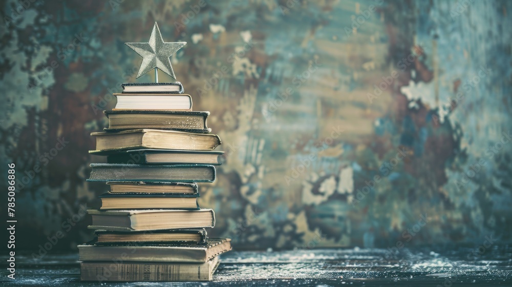 Poster stack of old books topped with a shining star on a textured backdrop.