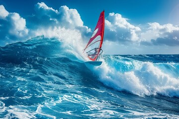 A windsurfer takes on the turquoise seas, showcasing the intensity and excitement of harnessing the...