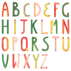 Watercolor funny english alphabet. All letters. Red, orange, green, yellow, beig, peach fuzz texture.  ABC. Cute hand-drawn illustration isolated on transparent for your design.