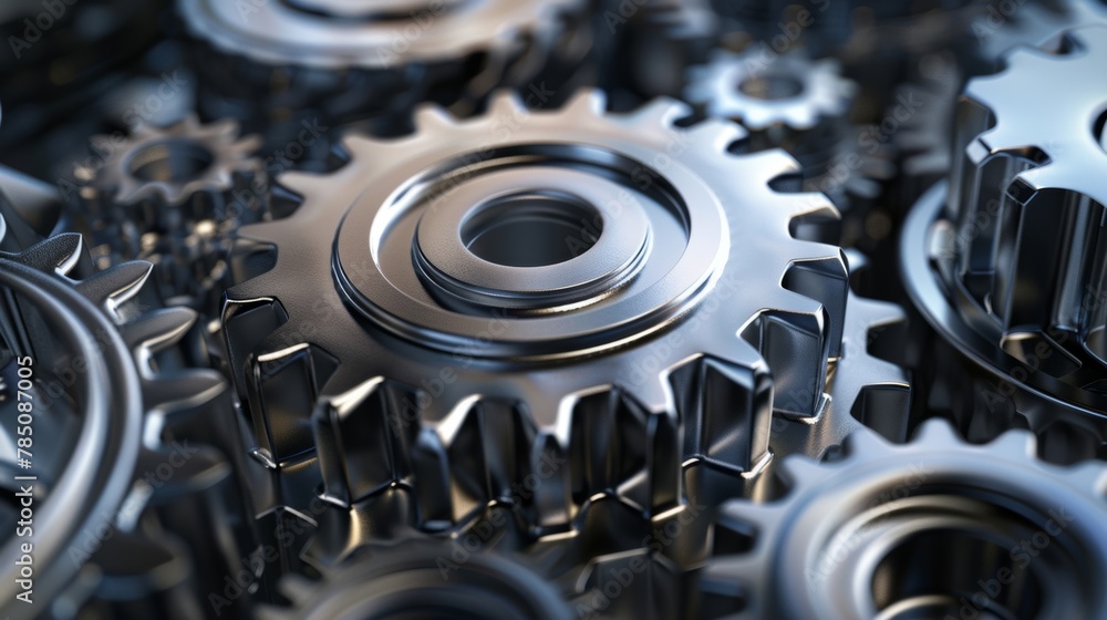 Poster a close-up view of interconnected metallic gears, highlighting precision engineering.
