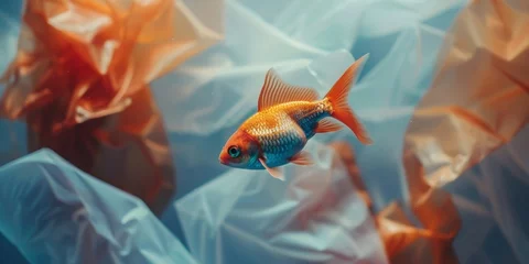 Fotobehang A solitary goldfish navigates through a sea of floating plastic bags, evoking environmental themes. © tashechka