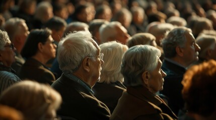 A group of elderly people attentively listening in a crowded audience at a daytime event.