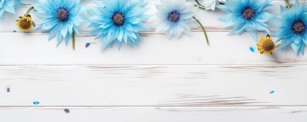 Beautiful turquoise cornflower flowers on a white wooden background, in a top view with copy space for text 