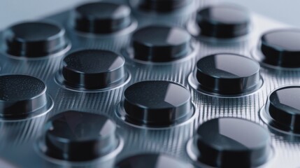 Macro shot of black medicine pills securely sealed in a blister pack. - obrazy, fototapety, plakaty