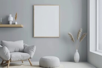 Poster frame mock-up in home interior on green background with rattan chair and decor in living room, 3d render. Beautiful simple AI generated image in 4K, unique.