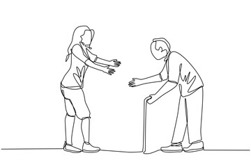A single continuous line, illustrating	An elderly man and a young woman walk face to face while preparing to hug. elderly man holding a stick. young woman with long hair. both walk slowly. young women