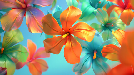 Tropical 3D florals in exuberant colors against azure, mimicking an island escapade. - obrazy, fototapety, plakaty
