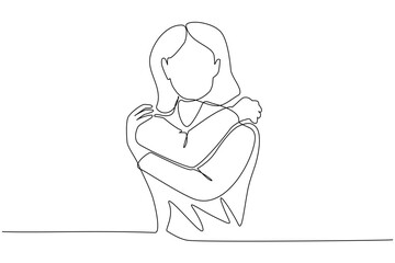 one line drawing	A woman hugs herself. beautiful young woman. dress casually. cold embraced himself. white background. one line painting. shoulder-length hair looks charming. warm your own body hands 