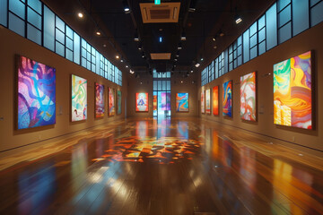 A spacious art gallery with vibrant augmented reality artworks displayed on walls, reflecting on a glossy floor. AI Generated.