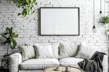 Mock-up poster frame in living room background, Scandi-Boho style, 3d render. Beautiful simple AI generated image in 4K, unique.