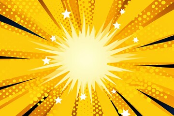 Gold background with a white blank space in the middle depicting a cartoon explosion with yellow rays and stars. The style is comic book 