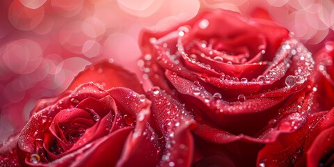 Macro shot of red roses with fresh water droplets, symbolizing romance and passion.