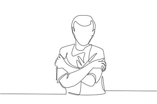 A single continuous line, illustrating	A man hugs himself. handsome young man. dress casually. cold embraced himself. white background. one line painting. short haired man looks neat. warm your own bo
