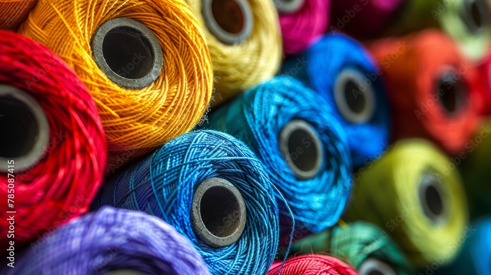 Poster a close-up shot of colorful spools of thread, highlighting textures and crafting materials.