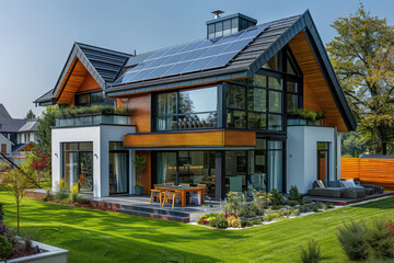 Fototapeta na wymiar Photo of a modern house with solar panels on the roof, white walls and wooden cladding. The gable roof has black sheet metal tiles. Created with Ai