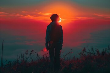Obraz premium Silhouette at Sunrise: A New Minimalist Symphony. Concept Minimalist Photography, Silhouette Portraits, Sunrise Emotions, Fine Art Moments