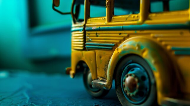 Close-up of a yellow vintage toy bus with selective focus and a blurred background.