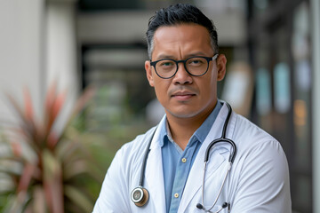 Confident Asian doctor with glasses and a stethoscope poses outside a clinic, embodying professionalism. AI Generated.