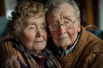 Elderly couple captured in a moment of quiet contemplation, reflecting life’s journey together in the comfort of their home AI Generated.