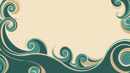 Travel and coastal living content framed in deep teal and beige retro swirls.
