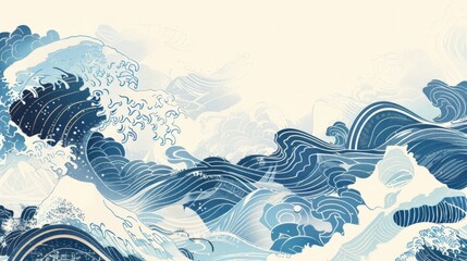 A Japanese wave pattern, with stylized curves and frothy crests, bringing a traditional and dynamic element to the composition.