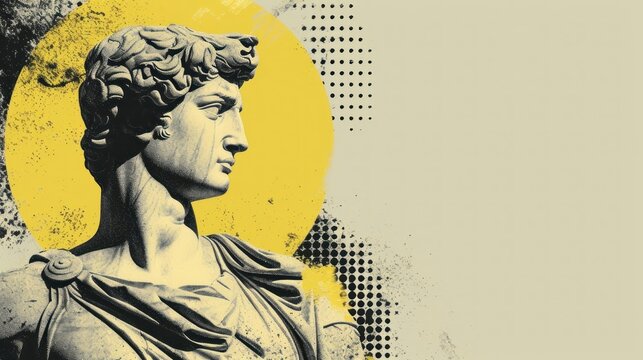 Antique statue of roman or greek culture. Vintage renaissance head halftone male sculpture, abstract ancient classic collage. Creative portrait. AI generated