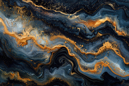 Abstract art painting of an ocean, golden swirls and fluid forms blending together in the center. Created with Ai