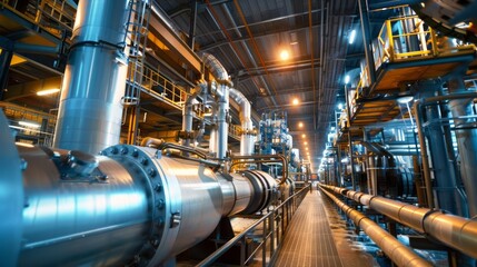 Interior of modern industrial plant with pipelines. Industry and engineering concept