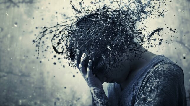 Person with disintegrating head made of branches against a blurred background.