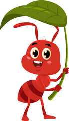 Cute Ant Cartoon Character Holding A Big Leaf. Vector Illustration Flat Design Isolated On Transparent Background