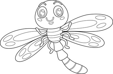 Outlined Cute Dragonfly Insect Cartoon Character Flying. Vector Hand Drawn Illustration Isolated On Transparent Background