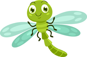 Cute Dragonfly Insect Cartoon Character Flying. Vector Illustration Flat Design Isolated On Transparent Background