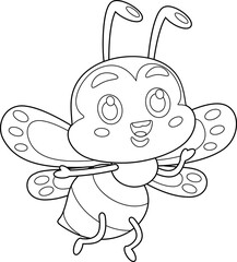 Outlined Cute Bee Cartoon Character Waving For Greeting. Vector Hand Drawn Illustration Isolated On Transparent Background