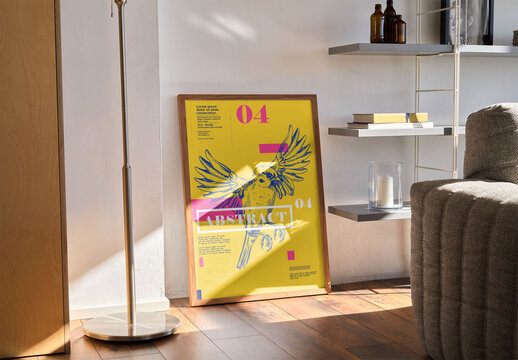 Mockup of vertical customizable poster frame in room