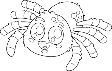 Outlined Cute Spider Cartoon Character. Vector Hand Drawn Illustration Isolated On Transparent Background